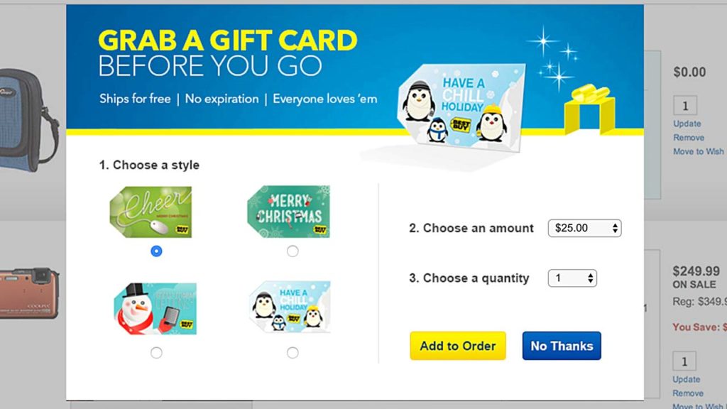 Best Buy Gift card promotion multiple card, multiple amount, multiple quantity option in a modal when user clicks 