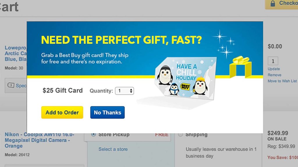 Best Buy Gift card promotion single card, single amount, multiple quantity in a modal