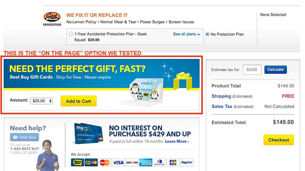 Best Buy Gift card promotion single card, multiple amount on the cart page