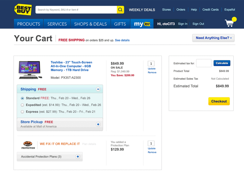 Best Buy shopping cart circa 2014