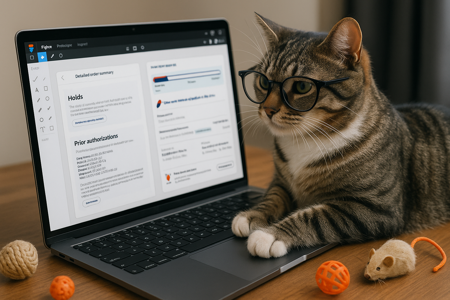 A cat with glasses sits by laptop with a Figma screen open.