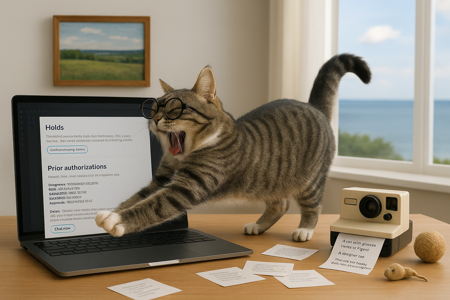 A tabby cat stretching across a laptop keyboard and a fake poetry camera next to it.