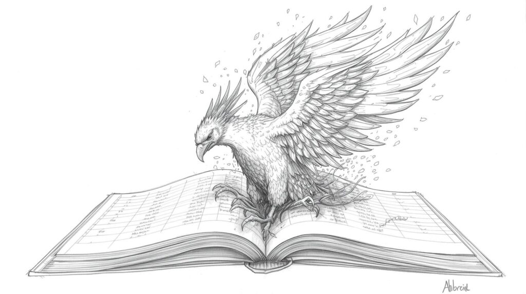 A phoenix coming out of an old accounting ledger book.