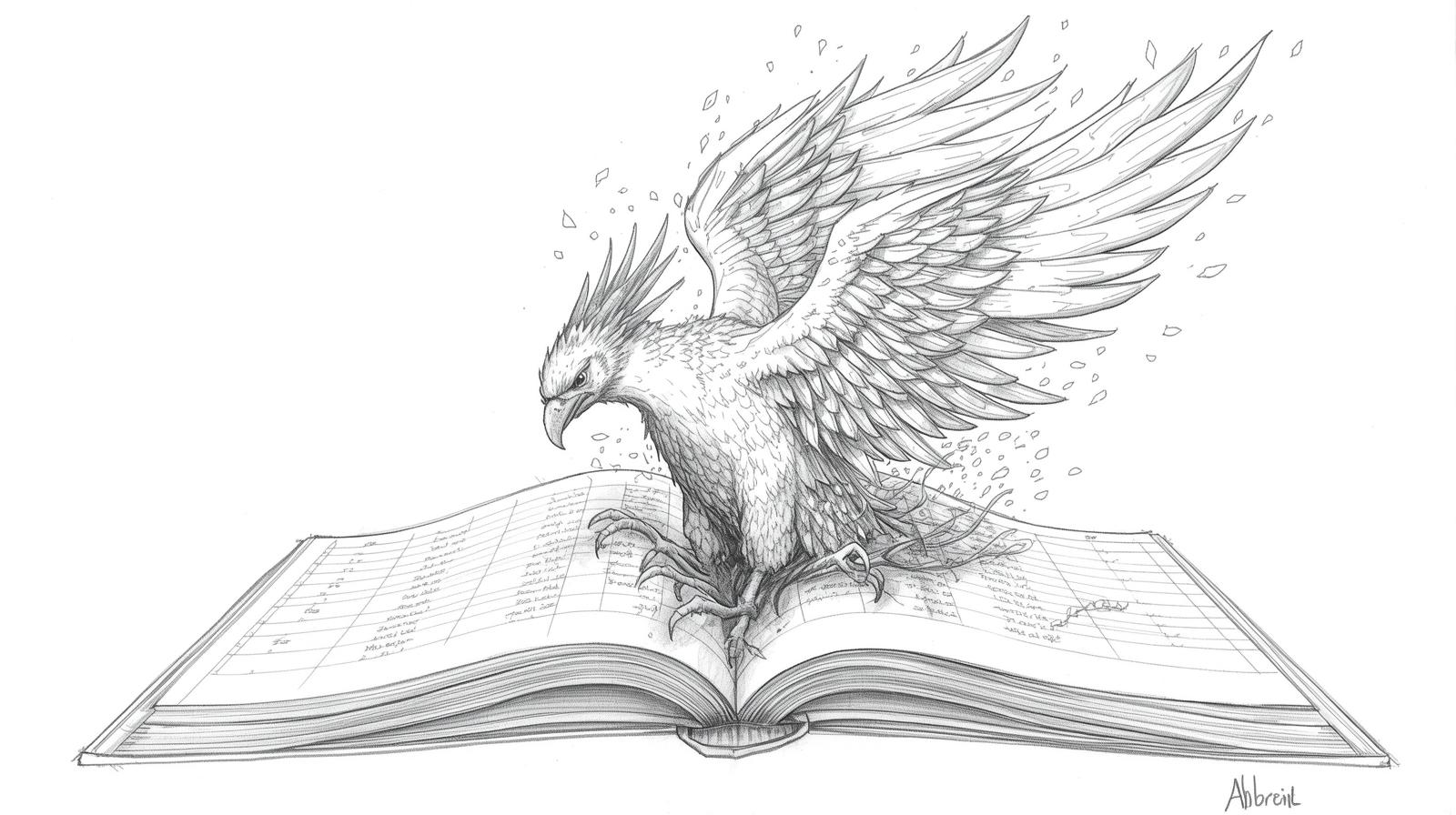 A phoenix coming out of an old accounting ledger book.