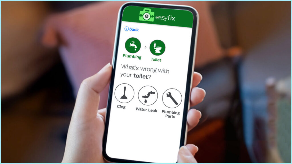Photo of hand holding phone with EasyFix app open to toilet repair flow