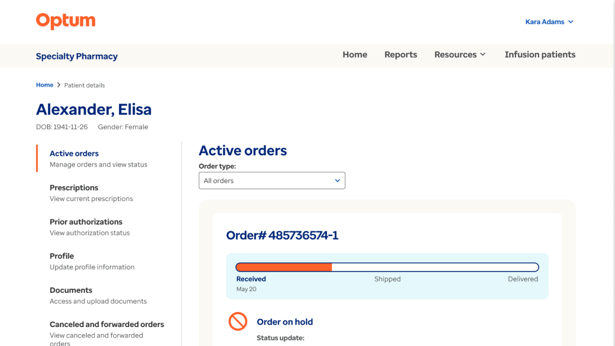 Specialty Provider Portal - Orders screen